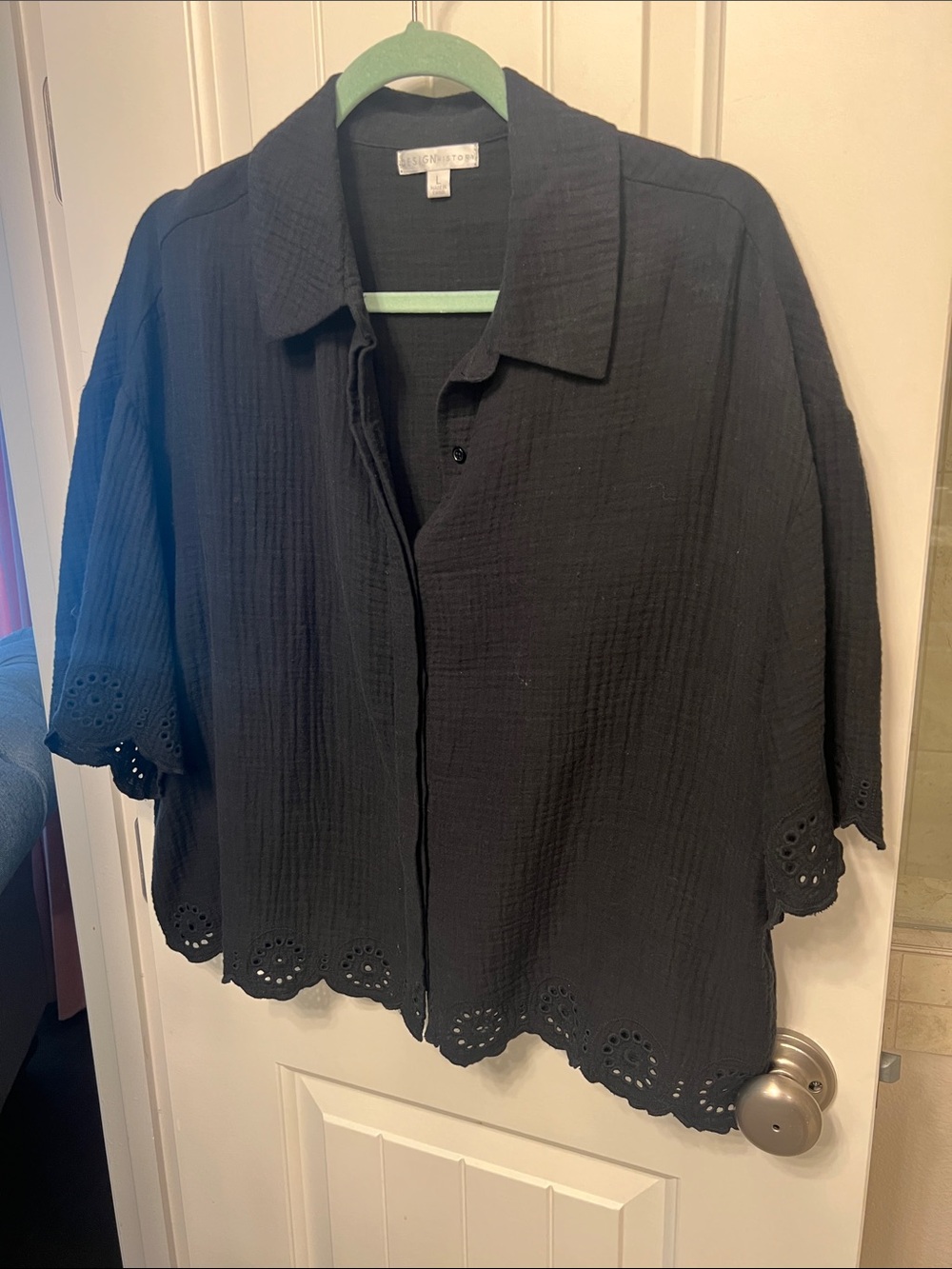 Black Button-Front Textured Eyelet Hem Blouse and Pant Set